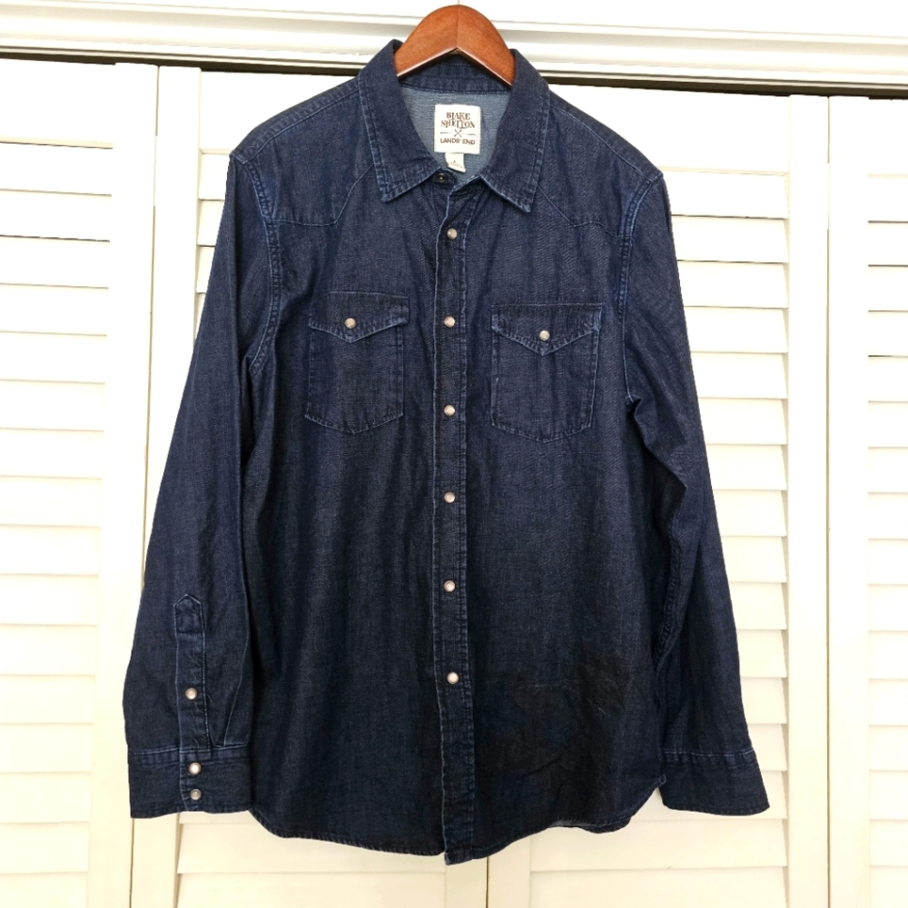 Lands End Blake Shelton Denim Jean Shirt Size L Pearl Snap Front Mens Blue - Picture 2 of 14